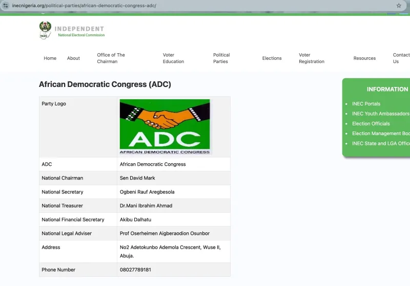 INEC Lists David Mark as ADC Chairman After Court Ruling