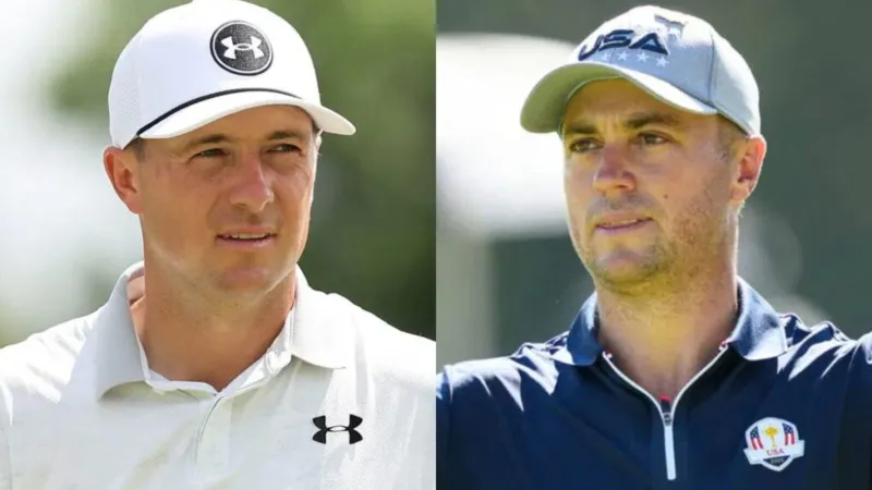 Justin Thomas réagit au coup de Jordan Spieth au PGA