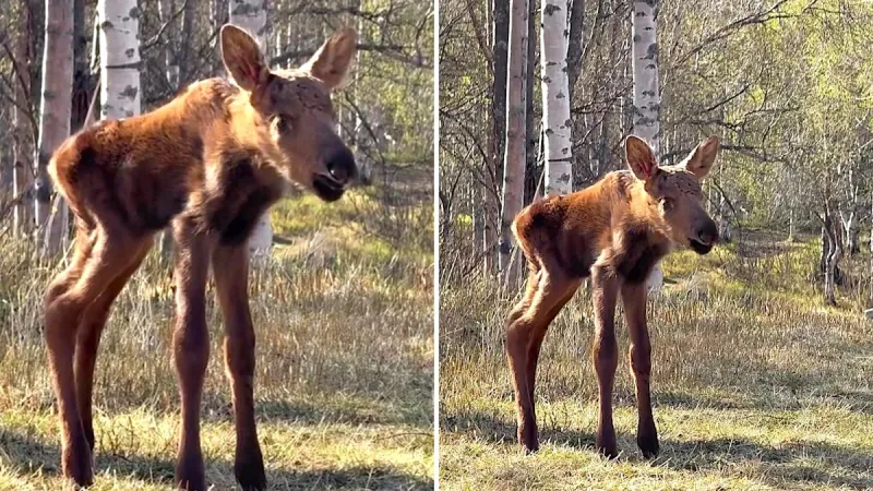Moose calf cries for mother after being left behind